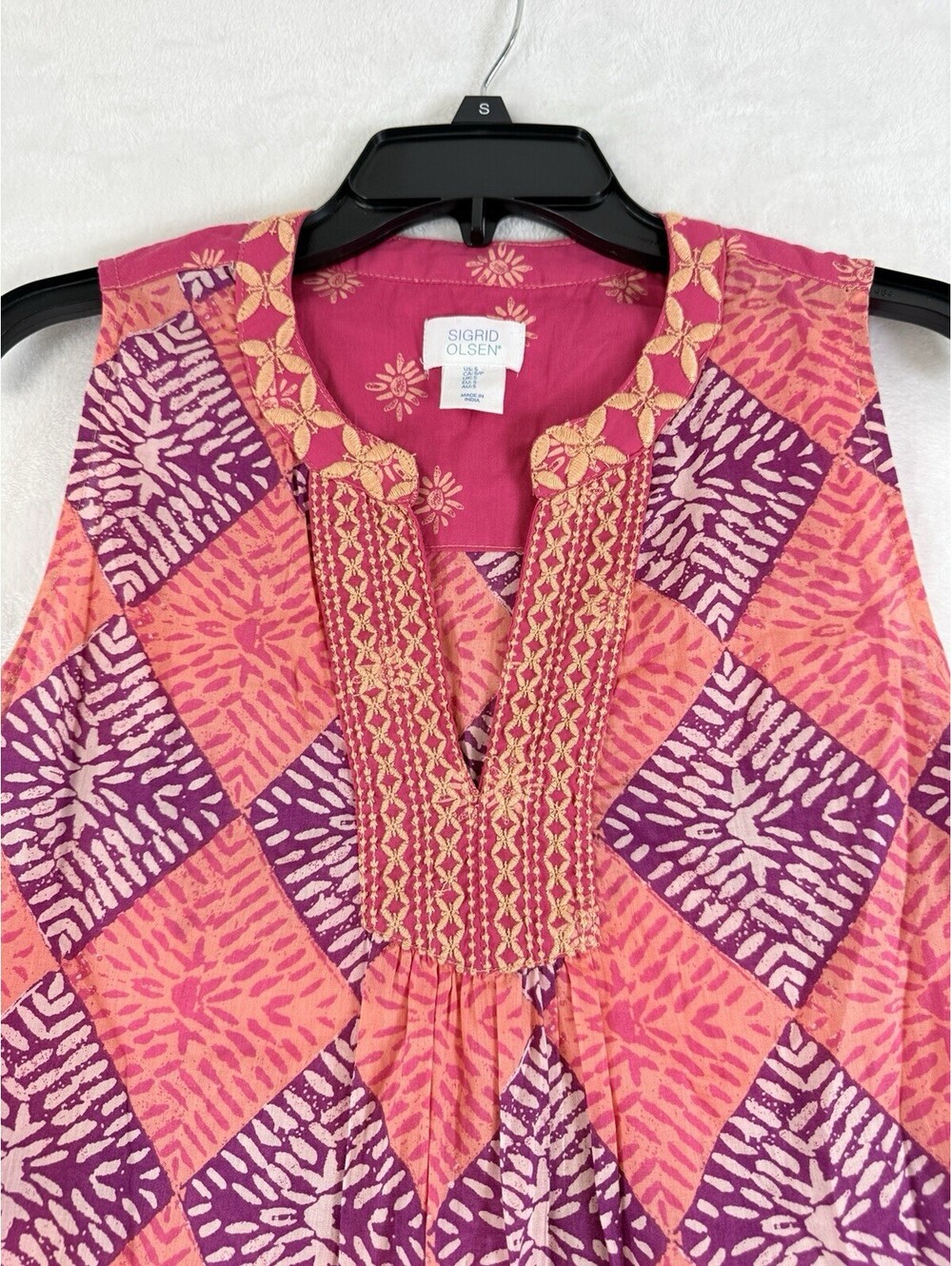 Sigrid Olsen Top Small Tunic Embroidered 100% Cotton Sleeveless Pink Boho Womens